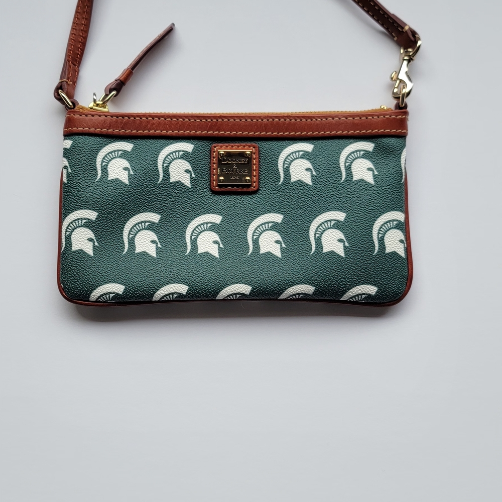 Dooney & Bourke Green White Spartan Logo Wristlet with Brown Trim Michigan State